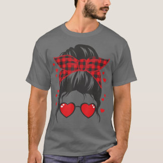 Girl Messy Bun Buffalo Red Plaid Heart Valentines  T-Shirt