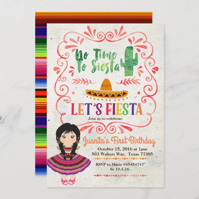 Girl Mexican Fiesta 1st Birthday Invitation (Front/Back)