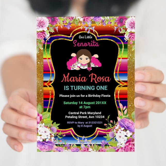 Girl Mexican Fiesta Floral 1st birthday invitation (Creator Uploaded)