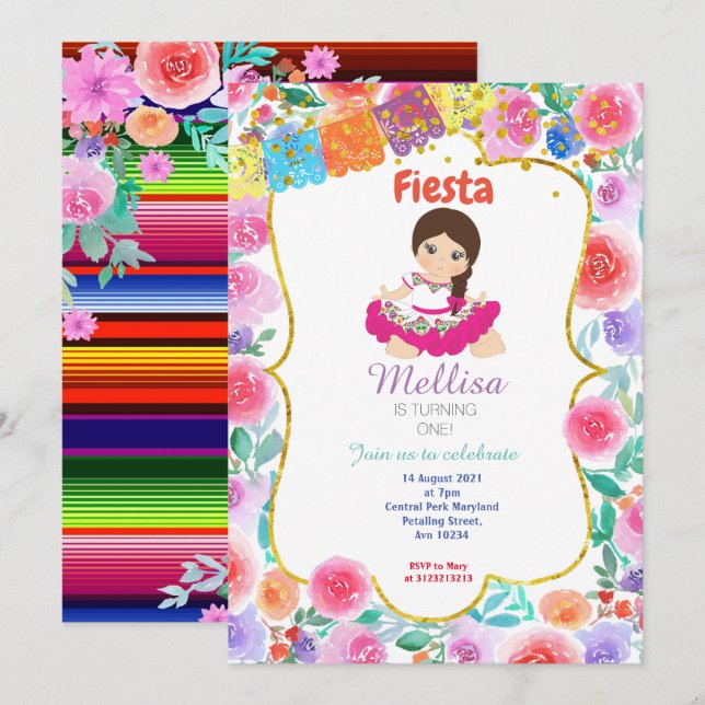 Girl Mexican Pink Birthday Party Invitation Gold (Front/Back)
