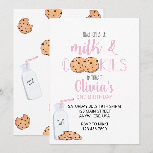 Girl Milk and Cookies Pink Birthday Invitation (Front/Back)