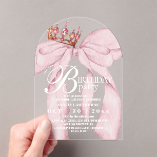 Girl Modern Trendy Pink Bow Birthday Party Acrylic Invitations