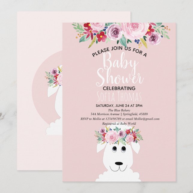 Girl Modern Watercolor Lamb & Flowers Baby Shower Invitation (Front/Back)