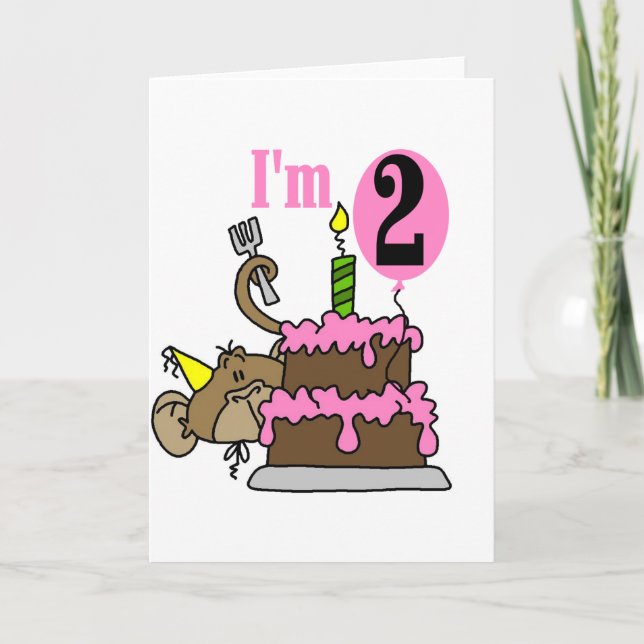 Girl Monkey I'm 2 Birthday Tshirts Card (Front)