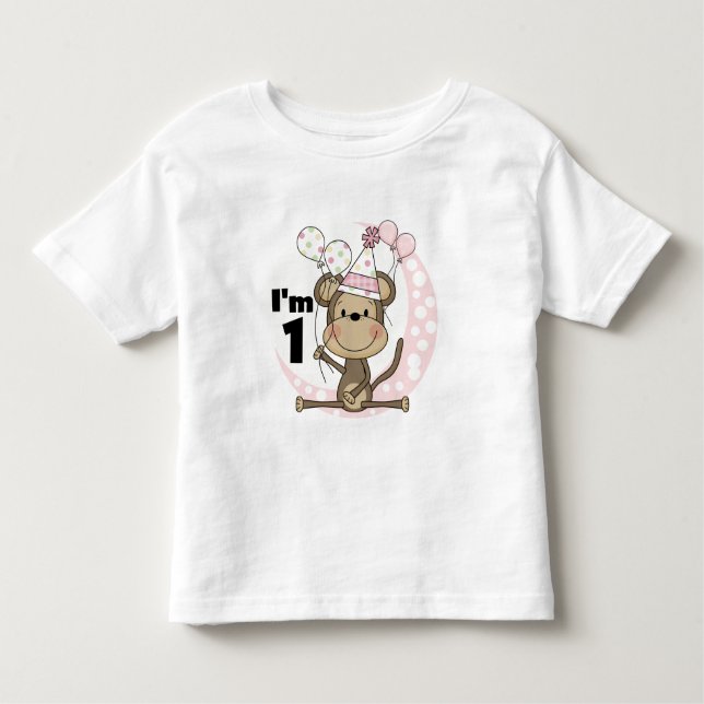 Girl Monkey in Party Hat 1st Birthday Toddler T-Shirt (Front)