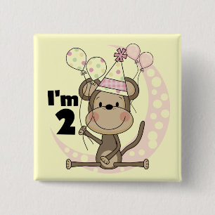 Girl Monkey in Party Hat 2nd Birthday 15 Cm Square Badge