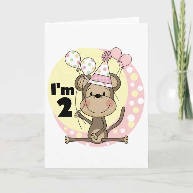 Girl Monkey in Party Hat 2nd Birthday Card (Front)