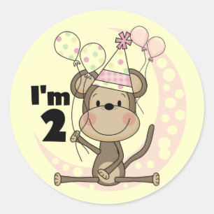 Girl Monkey in Party Hat 2nd Birthday Classic Round Sticker