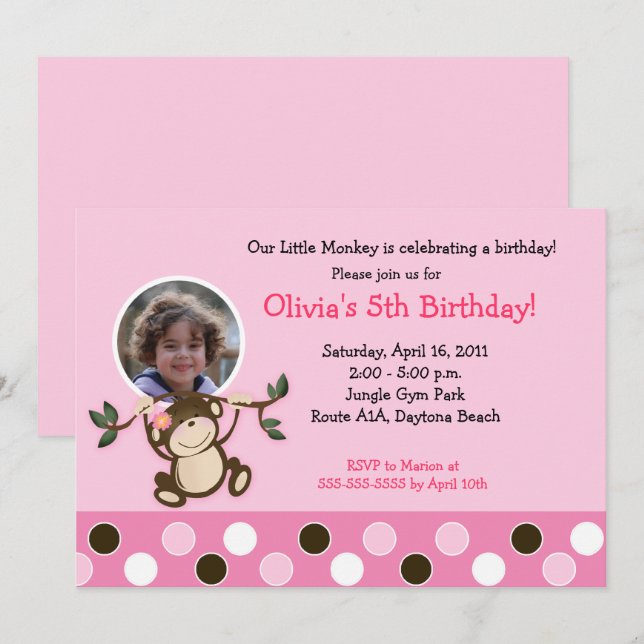 Girl Monkey Photo Birthday Template Invite (Front/Back)