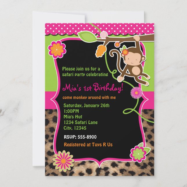 Girl Monkey Safari Chic Jungle Bright Invitation (Front)