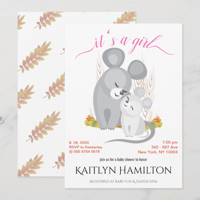 Girl Mouse Mother Baby Shower Mice Woodland Maple Invitation (Front/Back)