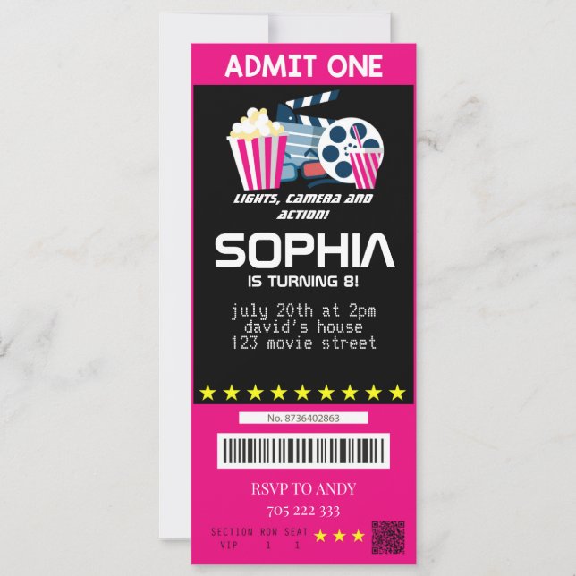 Girl Movie Party Movie Tickets Pink Birthday Invitation (Front)
