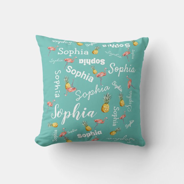 Girl Name Personalized Pink Flamingo Pineapple Cushion (Front)