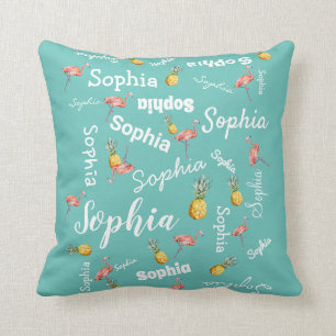 Girl Name Personalized Pink Flamingo Pineapple Cushion