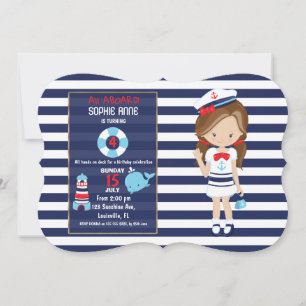 Girl Nautical Navy Blue Stripes Birthday Party Invitation