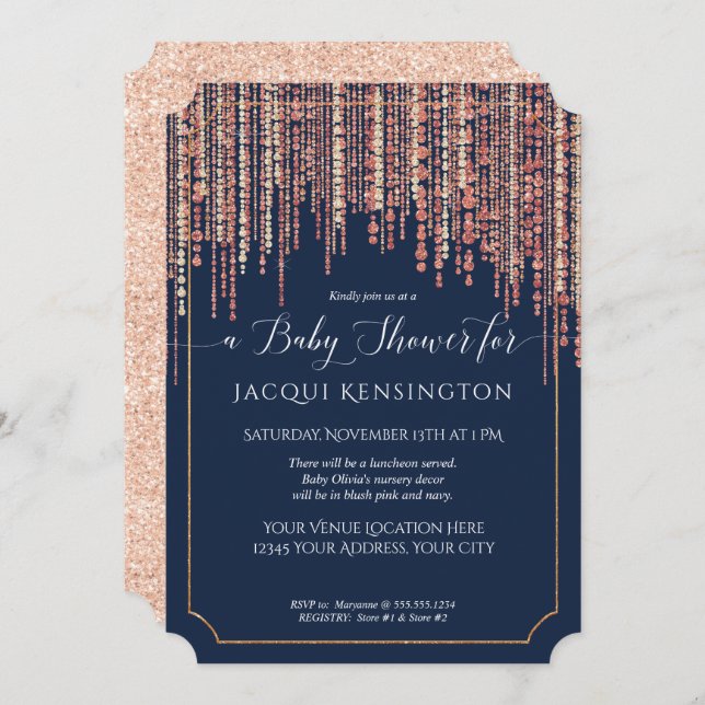 Girl Navy Fringe Rose Gold Glitter Baby Shower Invitation (Front/Back)