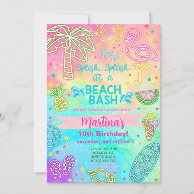 Girl neon beach bash birthday summer invitation. invitation (Front)