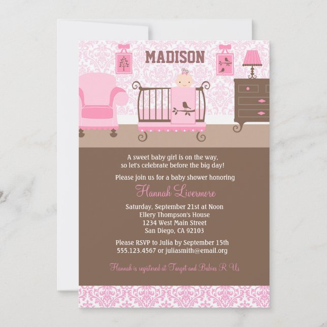 Girl Nursery Baby Shower invitation Pink Brown (Front)