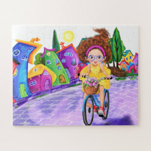 Girl On A Bike with Tulips Jigsaw Puzzle Painting