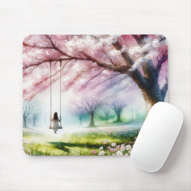 Girl On a Swing In Cherry Blossoms Mouse Pad (With Mouse)