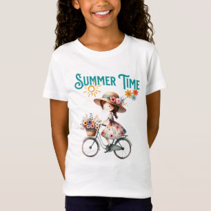 Girl on Bicycle with Flowers Summer T-Shirt