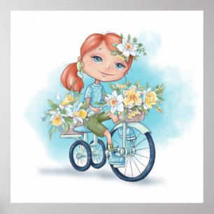 Girl on Bike With Flowers Poster