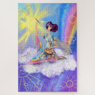 Girl on Cloud Painting Sun and Rainbow - Fantasy Jigsaw Puzzle