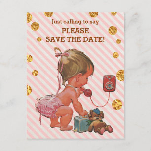 Girl On Phone Stripes Gold Dots Save The Date