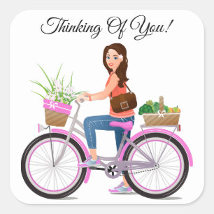 Girl On Pink Bicycle Basket Of Flowers & Vegetable Square Sticker