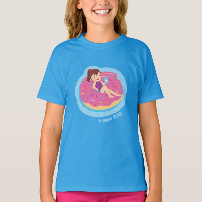 Girl on Pink Doughnut Pool Float Girls Tee (Front)