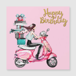Girl on Scooter carrying Presents