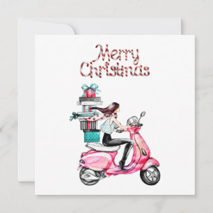 Girl on Scooter carrying Presents Merry Christmas Holiday Card