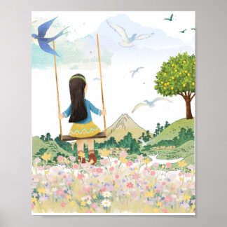 Girl on Swing Aesthetic Wall Art - Whimsical Meado