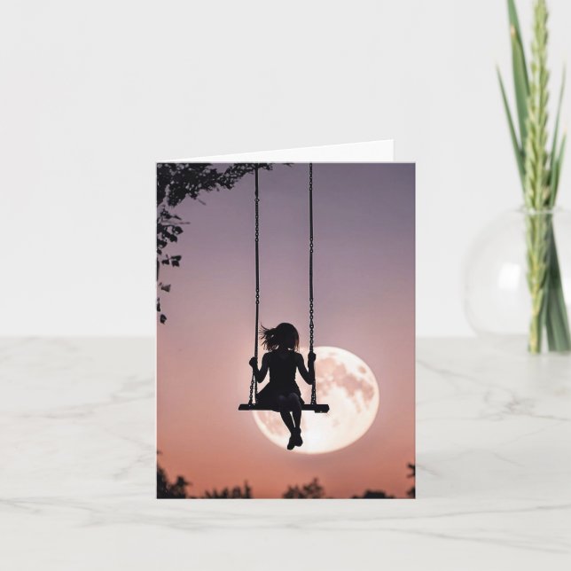 Girl On Swing With Moon Note Card (Front)