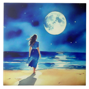 Girl on the Beach Under a Full Moon Tile