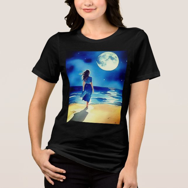 Girl on the Beach Under a Full Moon Tri-Blend Shirt (Front)