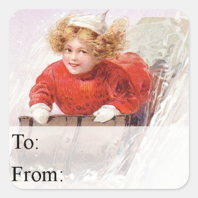 Girl on Toboggan Vintage Christmas Gift Tag (Front)
