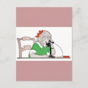 Girl on Vintage Telephone Postcard