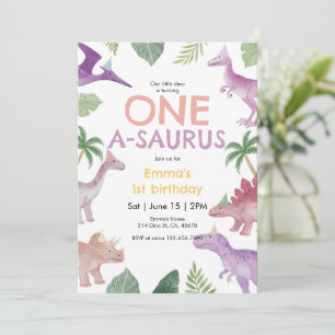 Girl One A Saurus Dinosaur 1st Birthday Invitation