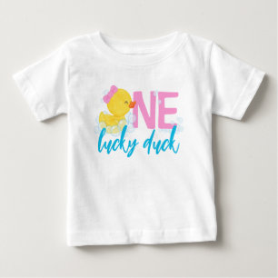 Girl One Lucky Duck Watercolor Ducky 1st Birthday Baby T-Shirt