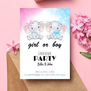 Girl or Boy Baby Elephant Gender Reveal Invitation