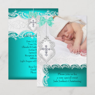Girl or Boy Baptism Jade Teal White Lace Photo Invitation