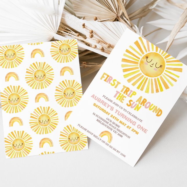 Girl Orange First Trip Around the Sun 1st Birthday Invitation (Girls First Trip Around The Sun 1st Birthday Invitation Template, Rainbow Smiling Sun, Trip Themed)