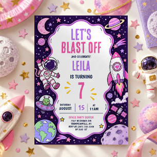Girl Outer Space Birthday Pink Purple Space Party Invitation