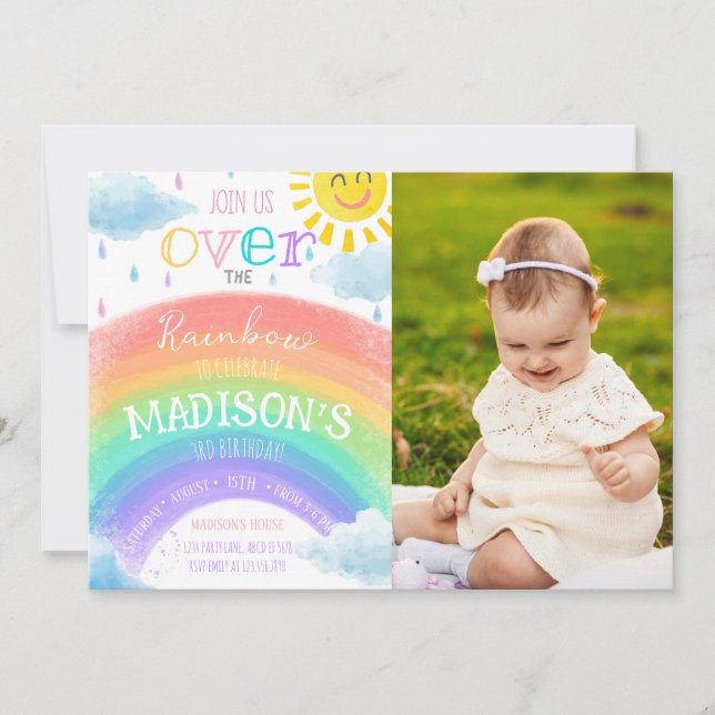 Girl Over The Rainbow Colourful Birthday Photo Invitation (Front)