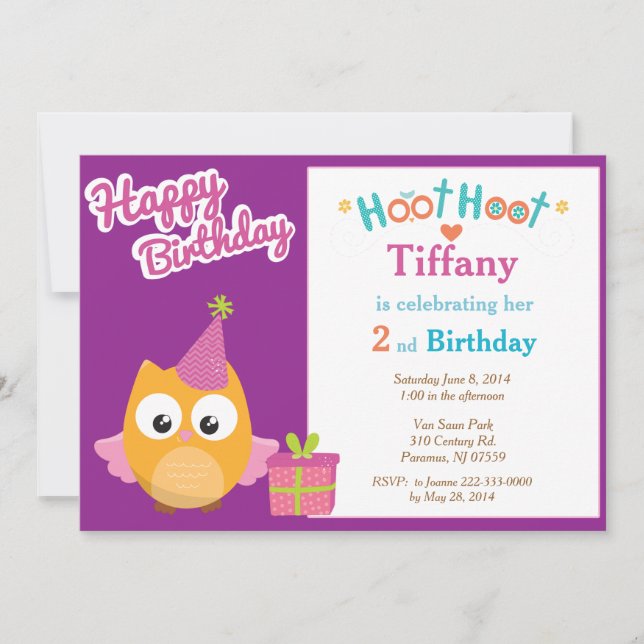 Girl Owl Birthday Party Invitation (Front)