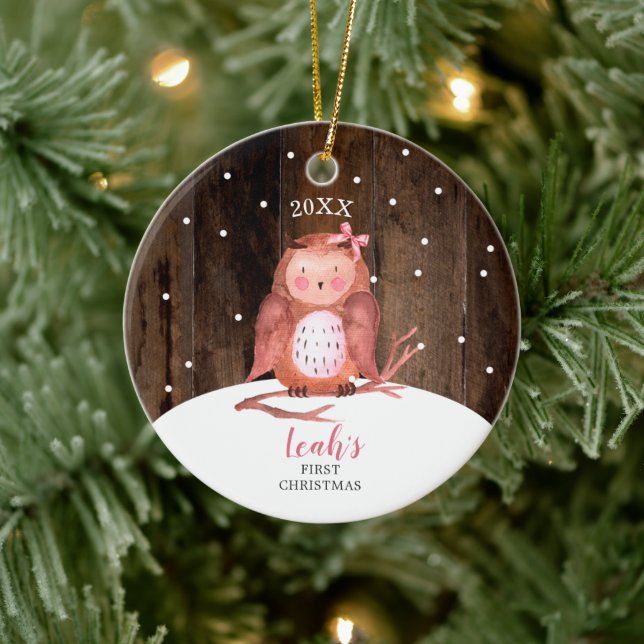 Girl Owl Cute Personalised Woodland Baby Christmas Ceramic Tree Decoration (Tree)