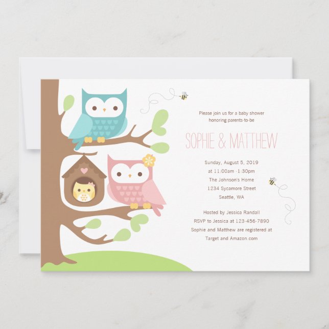 Girl Owl Family on a Tree Baby Shower Invitation (Front)