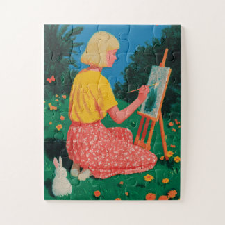 Girl Painting at Easel in Sunny Meadow Jigsaw Puzzle