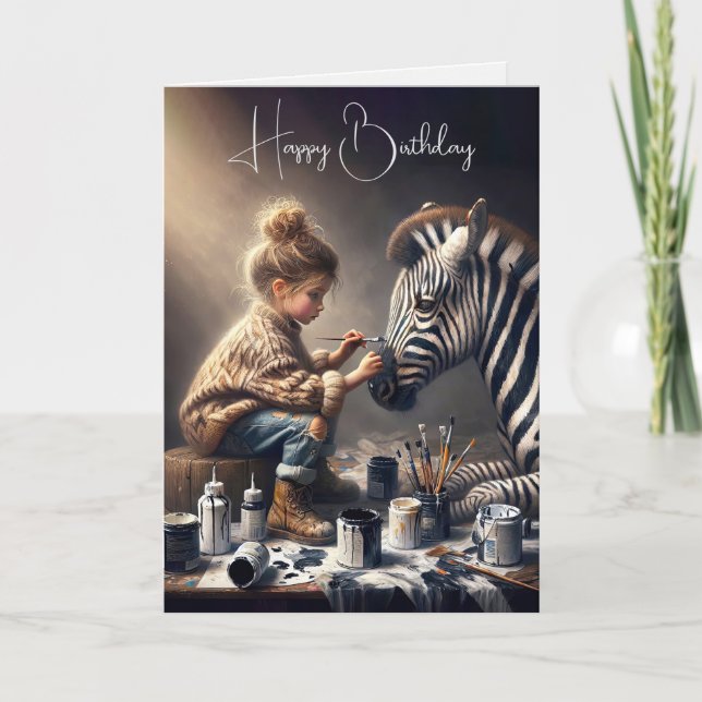 Girl Painting Stripes On a Zebra Birthday Card (Front)
